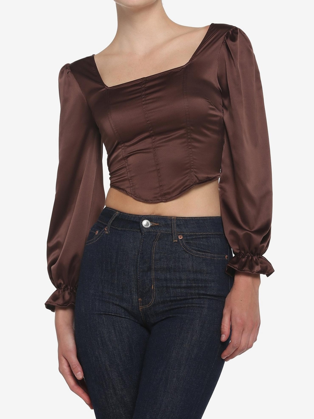 Brown Corset Girls Crop Long-Sleeve Top